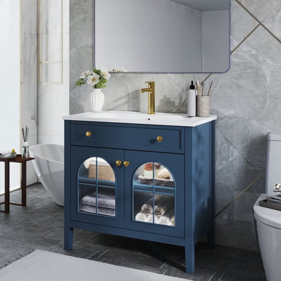 WGYPRIME 35.6" Mid-Century Bathroom Vanity with Sink, Farmhouse Bathroom Storage Cabinet with Glass Doors & Motion-sensor Light Strip, Freestanding Single Sink Bathroom Vanity Combo