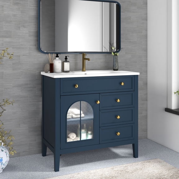 WGYPRIME 35.6" Mid-Century Bathroom Vanity with Sink, Modern Bathroom Vanity Cabinet with Patterned Glass & Motion-sensor Light Strip, Freestanding Bathroom Storage Cabinet