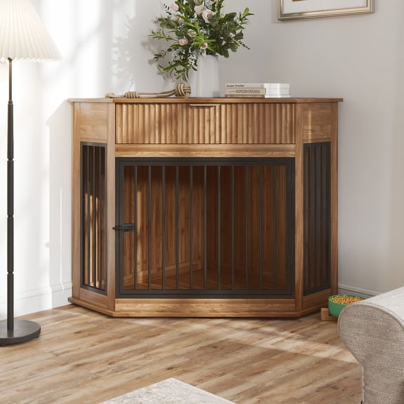WGYPRIME 44.6'' Corner Dog Crate Furniture, Modern Decorative Dog Kennel End Table with Fluted Drawer, Space-Saving Dog Cage for Small/Medium Dogs