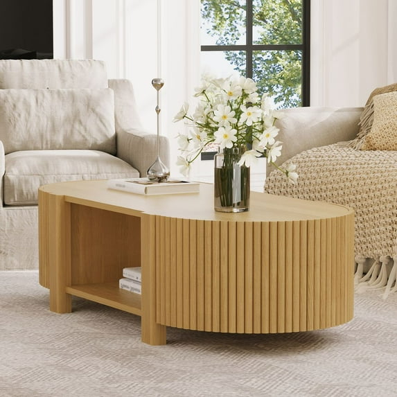 WGYPRIME 47" Oval Fluted Coffee Table, Modern Center Table with 4 Open Storage Doors, Solid Wood Tea Table for Living Room, Dining Room