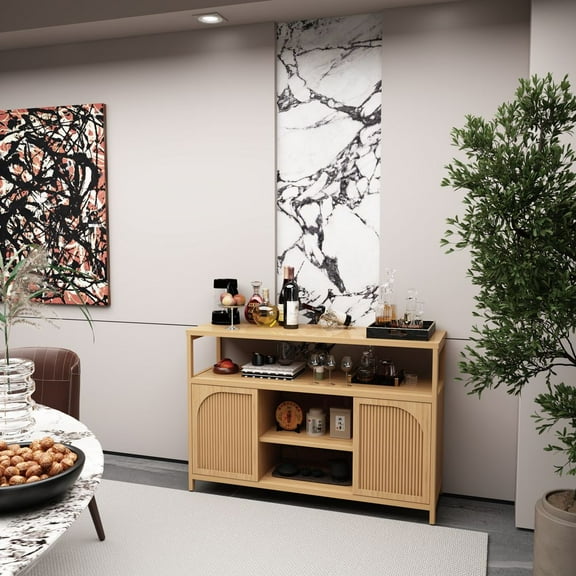 WGYPRIME 49" Farmhouse Style Sideboard Buffet Cabinet, Bamboo Accent Cabinet with 2 Doors and Open Storage Space, Freestanding Wood Storage Cabinet for Living Room, Entryway, Hallway