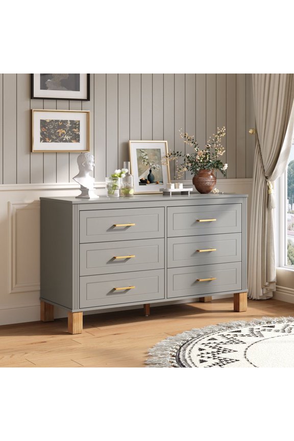 6 Drawer Double Dresser, Modern Chest of Drawers with Metal Handles & Solid Wood Legs, Heavy-Duty Storage Dressers Organizer for Bedroom
