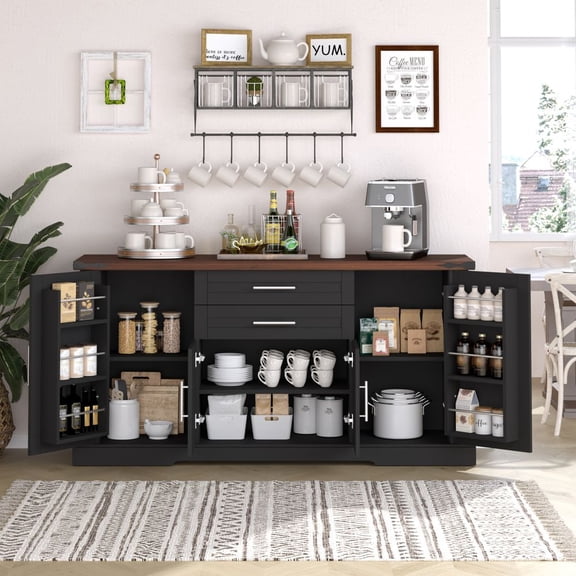 WGYPRIME 63" Sideboard Buffet Cabinet, Modern Coffee Bar Station with 4 Barn Doors and 2 Drawers, Accent Cabinet for Living Room Dining Room Entryway