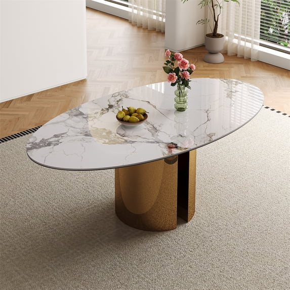 WGYPRIME 70.9" Sintered Stone Oval Dining Table for 4-6, Modern style Dining Room Table with Copper-Colored Stainless Steel Base and Unique leg, Kitchen Table for kitchen dining room, living room