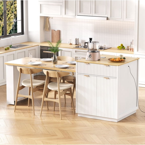 WGYPRIME 82.6" Fluted Kitchen Islands with Extendable Dining Table, Modern Island Table for Kitchen with Power Outlet, Kitchen Table with Double-Side Storage, 2 Drawers 2 Side Open Shelves