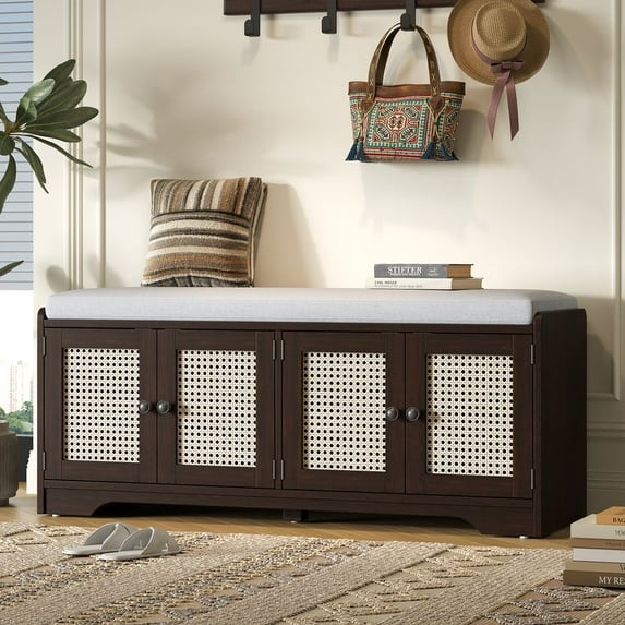 WGYPRIME Country Style Storage Bench, Multifunctional Wood Entryway Shoe Bench with Removable Cushion and Woven Rattan Doors, Shoe Organizer for Hallway, Living Room