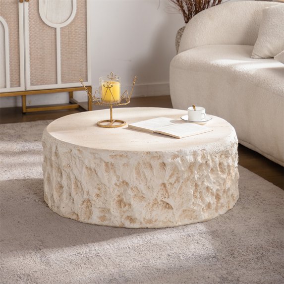 WGYPRIME Mid-Century Round Centre Table, Vintage Faux Stone Coffee Tables, Cocktail Table for Living Room, Dining Room, Office and Apartment