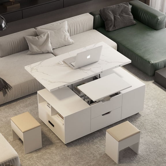 WGYPRIME Modern Lift Top Coffee Table with 2 Stools Set, Pull up Center Table with Expandable Hidden Storage & Drawers, Space Saving Folding Dining Table for Living Room