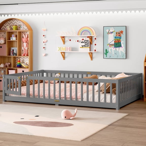WGYPRIME Queen Floor Bed Frame, Montessori Bed Frame with Safety Guardrails and Door