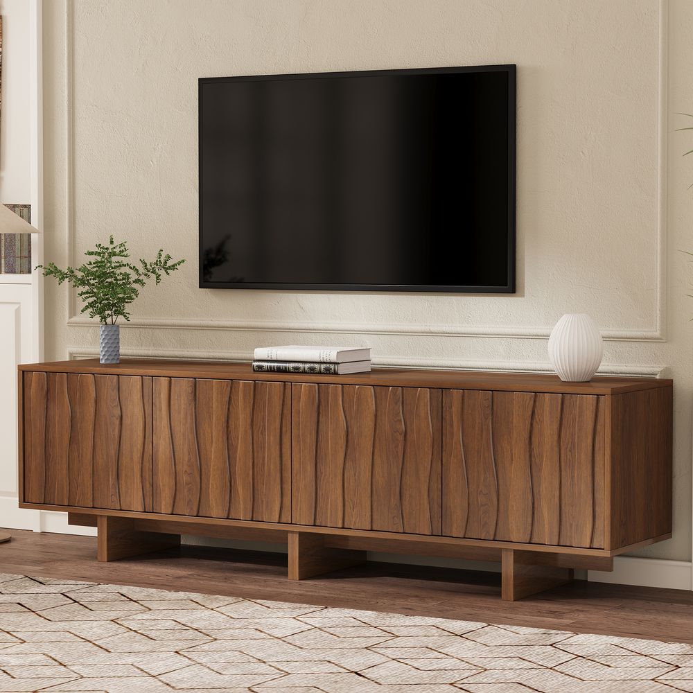 WGYPRIME TV Stand for up to 75" TV, Retro Style TV Console Table with 4 Wavy Doors, Media Console with Cable Management for Living Room, Bedroom