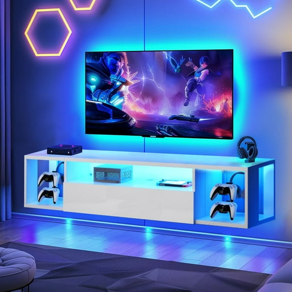 WGYPRIME TV Stands up to 55 Inch TV, Modern Entertainment Center with LED Lights and Hidden Storage, Media Console with 4 Controller Hooks & 2 Headphone Hooks