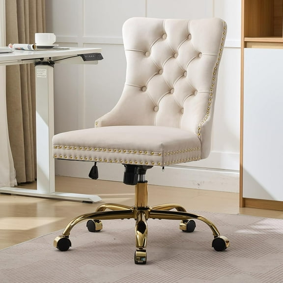 WGYPRIME Velvet Office Desk Chair, Modern Vanity Chair with Wheels and Gold Base, Tufted Back, Height Adjustable Task Chair for Bedroom, Study, or Makeup Table, Beige