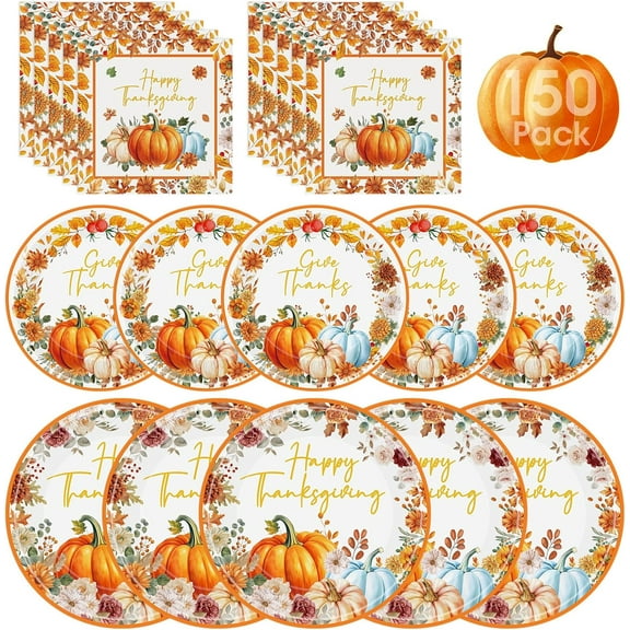 WH 150 Pcs Happy Thanksgiving Plates and Napkins - Disposable Thanksgiving Paper Plates and Napkins, Watercolor Fall Leaf Pumpkin Tableware Set for Thanks Giving Party Decorations Favors, Serve 50