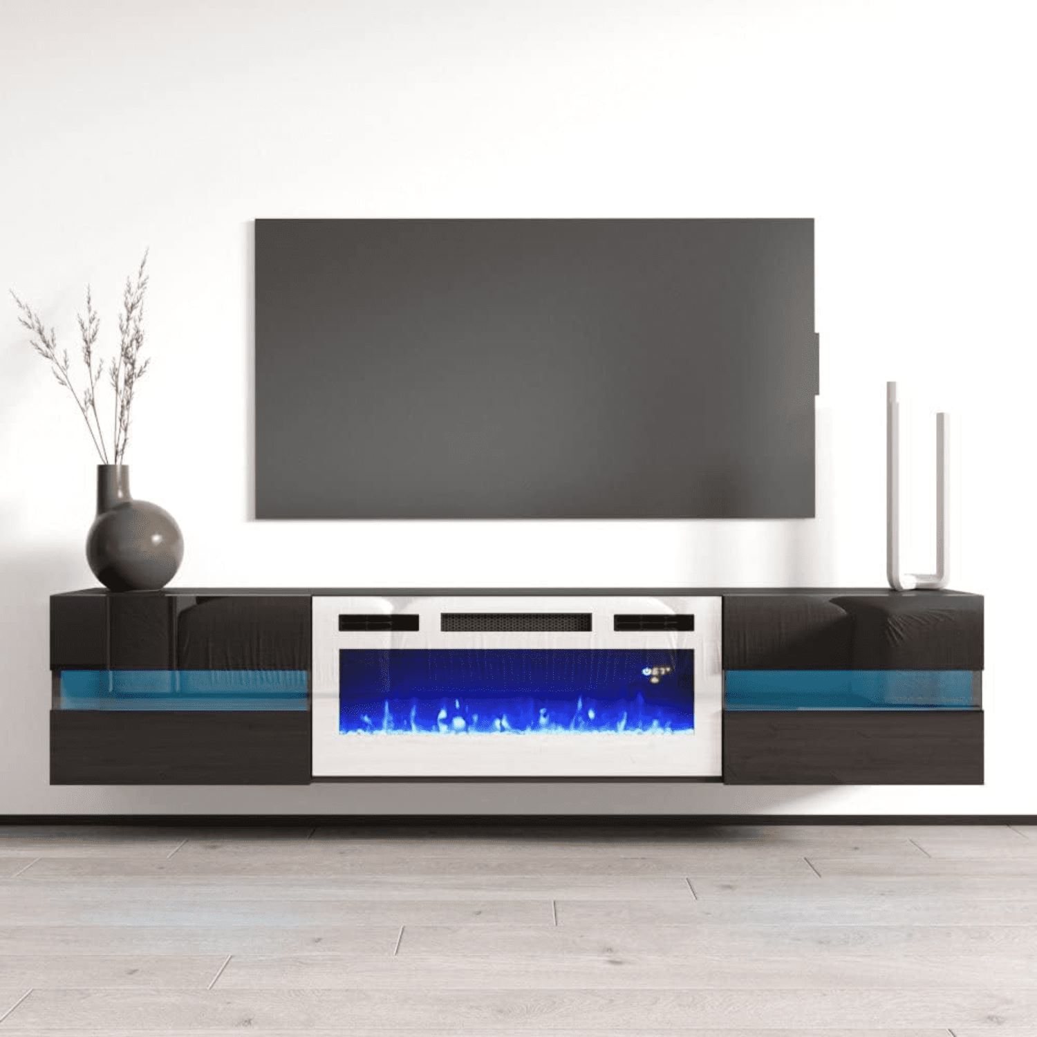 WH-EF Floating Fireplace TV Stand for TVs up to 80" Modern High Gloss 72" Entertainment Center ...