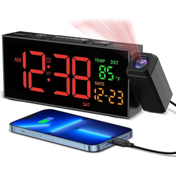 WH Projection Clock for Bedroom Ceiling, Alarm Clocks with 180° Rotatable Projector Date Temperature and Weekday Manual DST 5 Brightness 10 Ringtones 4 Volumes and Snooze Black and Red