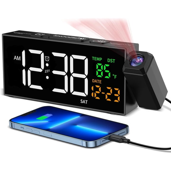 WH Projection Clock for Bedroom Ceiling, Alarm Clocks with 180° Rotatable Projector Date Temperature and Weekday Manual DST 5 Brightness 10 Ringtones 4 Volumes and Snooze Black