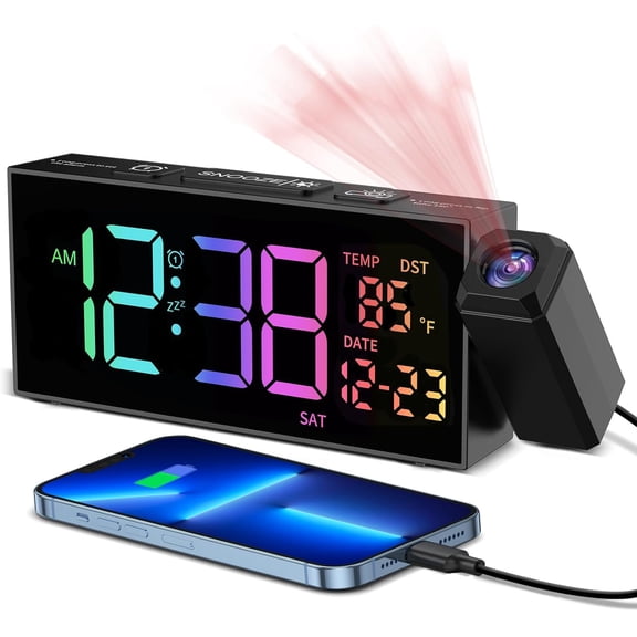 WH Projection Clock for Bedroom Ceiling, Alarm Clocks with 180° Rotatable Projector Date Temperature and Weekday Manual DST 5 Brightness 10 Ringtones 4 Volumes and Snooze RGB