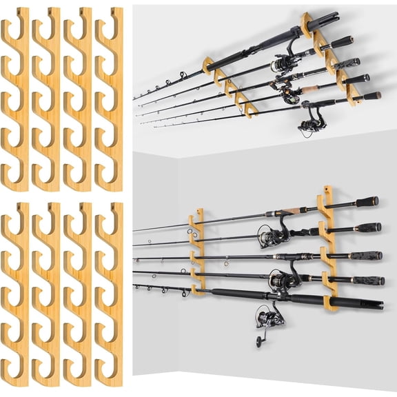 WH5 Horizontal Fishing Rod/Pole Holders for Garage, Wall or Ceiling Mounted Rack, Solid Wood Fishing Rod Holder Holds up to 5/10/20 Rods or Combos Fishing Gear, Gifts for Men