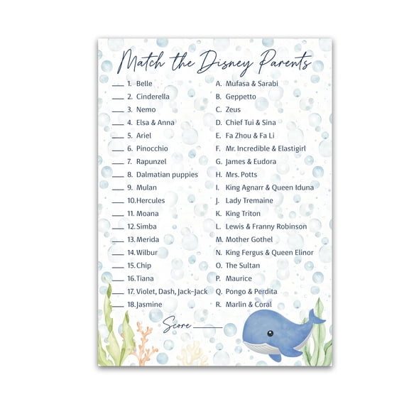 WHALE Theme Baby Shower CARTOON PARENT MATCH Game Pack of 25 Under the Sea Ocean Baby Shower Game, Nautical Sea Life Activity, Gender Neutral Couples Shower, Coed Party G800-DPM