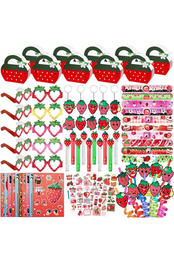 Strawberry Party Favor Sweet Berry gift bag Stickers Stampers Keychain Paper Straws Gift Rewards for Kids Girls Birthday Supplies Y114