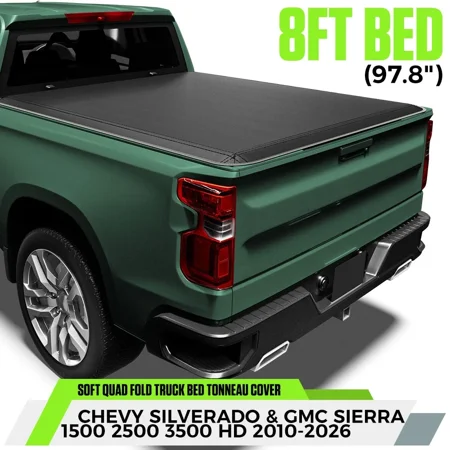 WHALEMOTOR Truck Bed Tonneau Cover for 2010-2026 Chevy Silverado & GMC Sierra 1500 2500 3500 HD, 8ft Bed Soft Quad Fold Vinyl Top Alloy Steel Cover