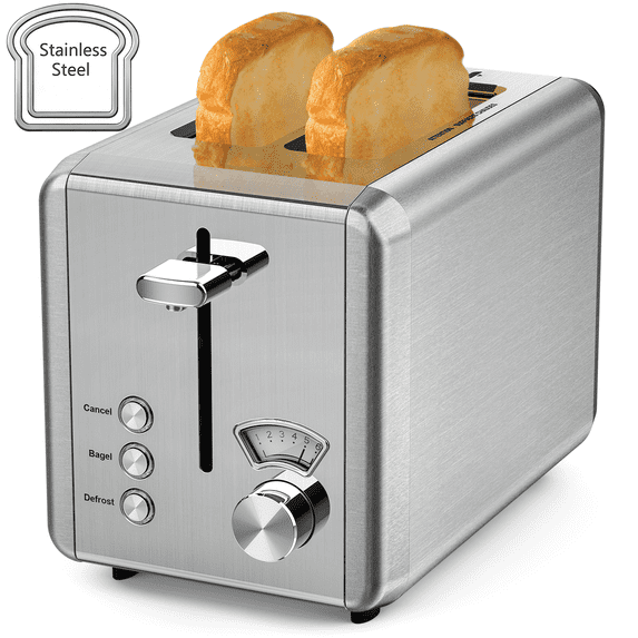 WHALL 2 Slice Toaster - Stainless Steel Toaster with Wide Slot, 6 Shade Settings, Bagel Function, Silver