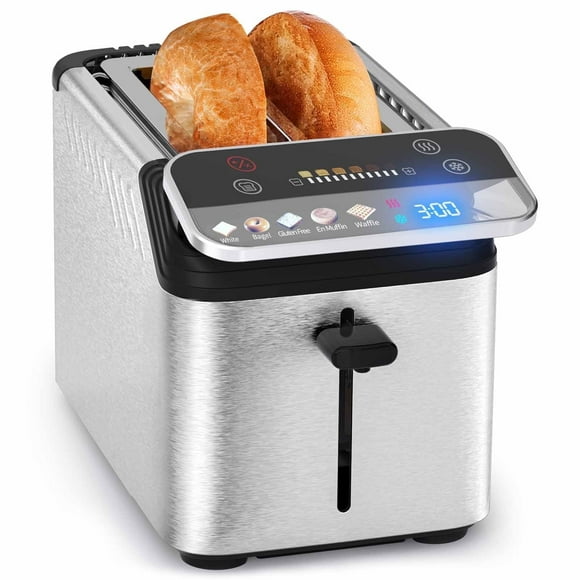 WHALL 2 Slice Toaster, Touch Screen Toasters with Projection Display, wide slots, Bagle / Reheat/Defrost Stainless Steel