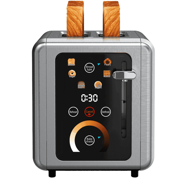 WHALL 2 Slice Toaster, Touchscreen Toasters with Stainless Steel, Wide Slots, Bagel, Defrost, 850W