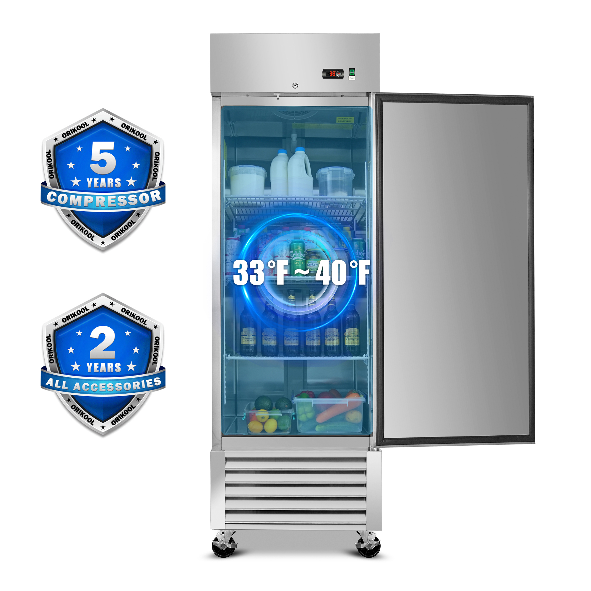 WHALLPRO 27" Commercial Refrigerator 23 Cu.ft with 1 Solid Door Reach-In Refrigerators Stainless Steel ETL Approved Upright Fridge Storage