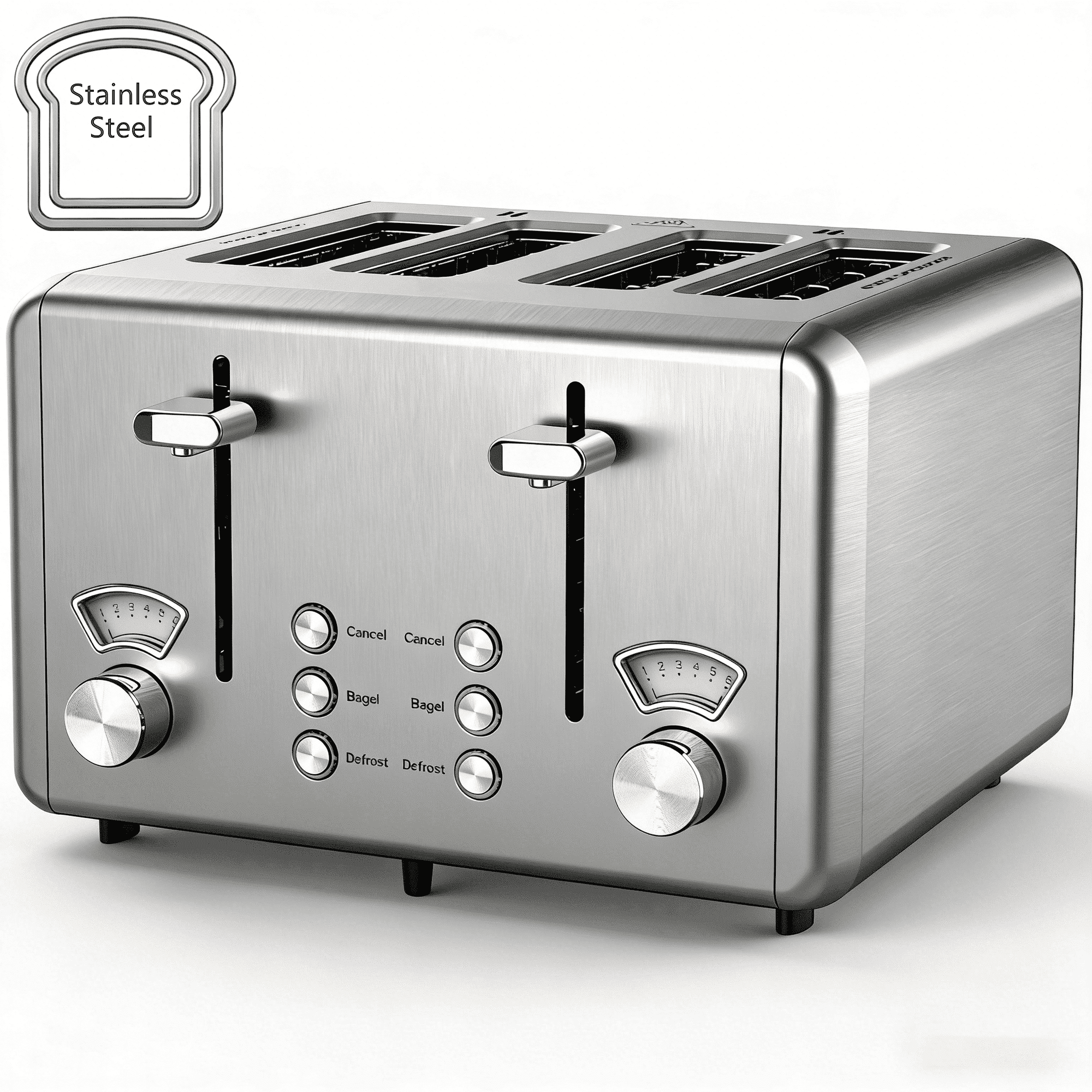WHALL 4 Slice Toaster - Stainless Steel Bagel Toaster with Dual Control Panels, 6 Shade Settings,Silver