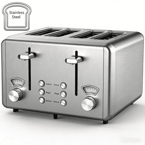 WHALL 4 Slice Toaster - Stainless Steel Bagel Toaster with Dual Control Panels, 6 Shade Settings,Silver