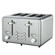 WHALL 4 Slice Toaster - Stainless Steel Bagel Toaster with Dual Control Panels, 6 Shade Settings,Silver
