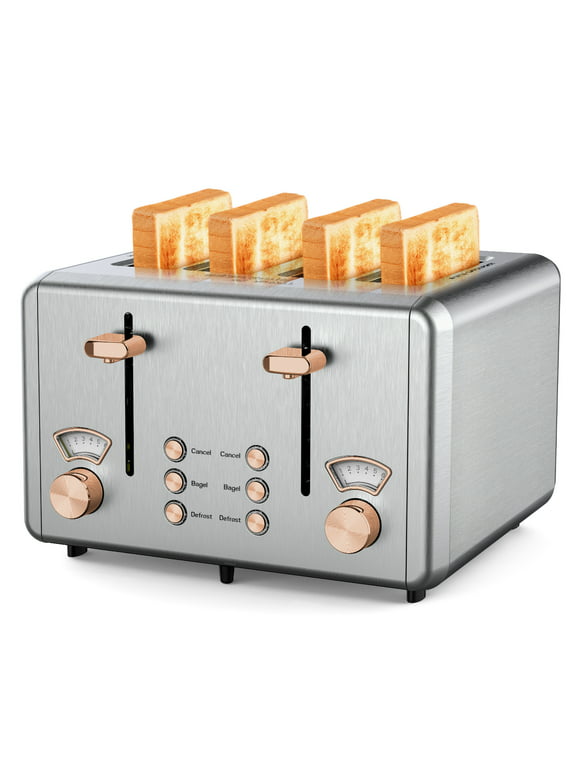 WHALL® 4 Slice Toaster - Stainless Steel Bagel Toaster with Dual Control Panels, Wide Slot, 6 Shade Settings, Removable Crumb Tray