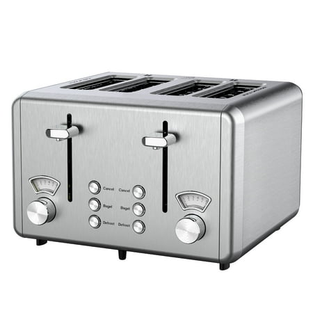 WHALL 4 Slice Toaster – Stainless Steel Bagel Toaster with Dual Control Panels, Wide Slot