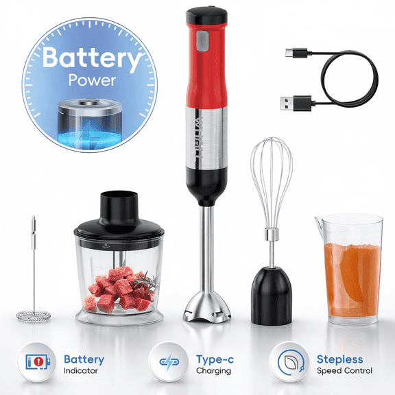 WHALL 5-in-1 Cordless Immersion Blender, Rechargeable Hand Blender with Whisk, Milk Frother Attachments, Portable Stick mixed,700ml Beaker, 500ml Chopper,Red