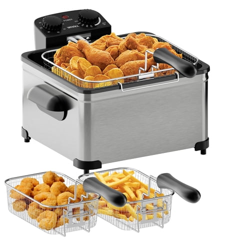 WHALL Deep Fryer with 3 Baskets, 5 L/21 Cups Oil Capacity, Temperature Control,Viewing window, Stainless Steel, 1700 W