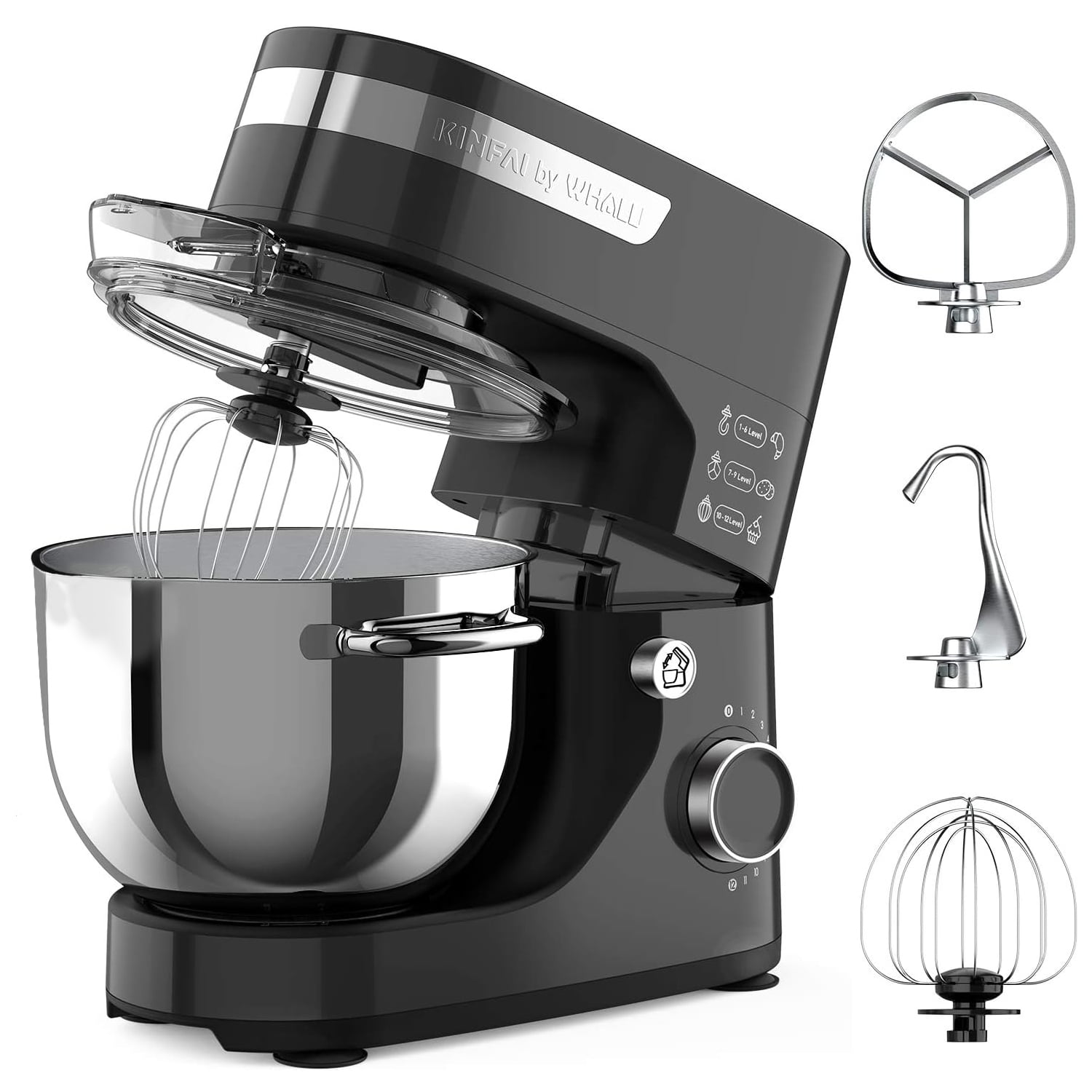 WHALL Stand Mixer - 5.5Qt 12-Speed Tilt-Head Electric Kitchen Mixer with Dough Hook/Wire Whip/Beater, Stainless Steel Bowl (Black) New
