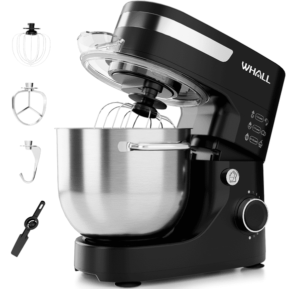 WHALL 12-Speed 5.5 Qt Tilt-Head Stand Mixer, Black with Dough Hook, Wire Whip, Beater