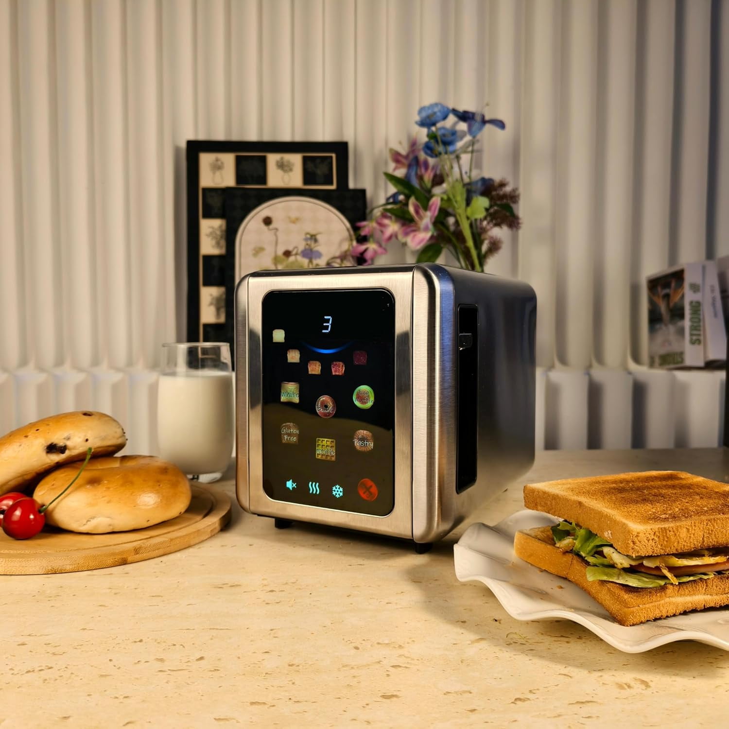 WHALL Touch Screen Toaster 2 Slice, 1.5'' Extra Wide Slot Stainless Steel Toaster with Digital Timer, 6 Bread Types & 6 Shade Settings, Crumb Tray, Reheat/Defrost, Smart Toasters for Breads