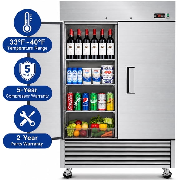 WHALLPRO 54" Commercial Reach-In Refrigerator, 49 cu. ft. Stainless Steel Upright Fridge with 2 Solid Doors, ETL Certified