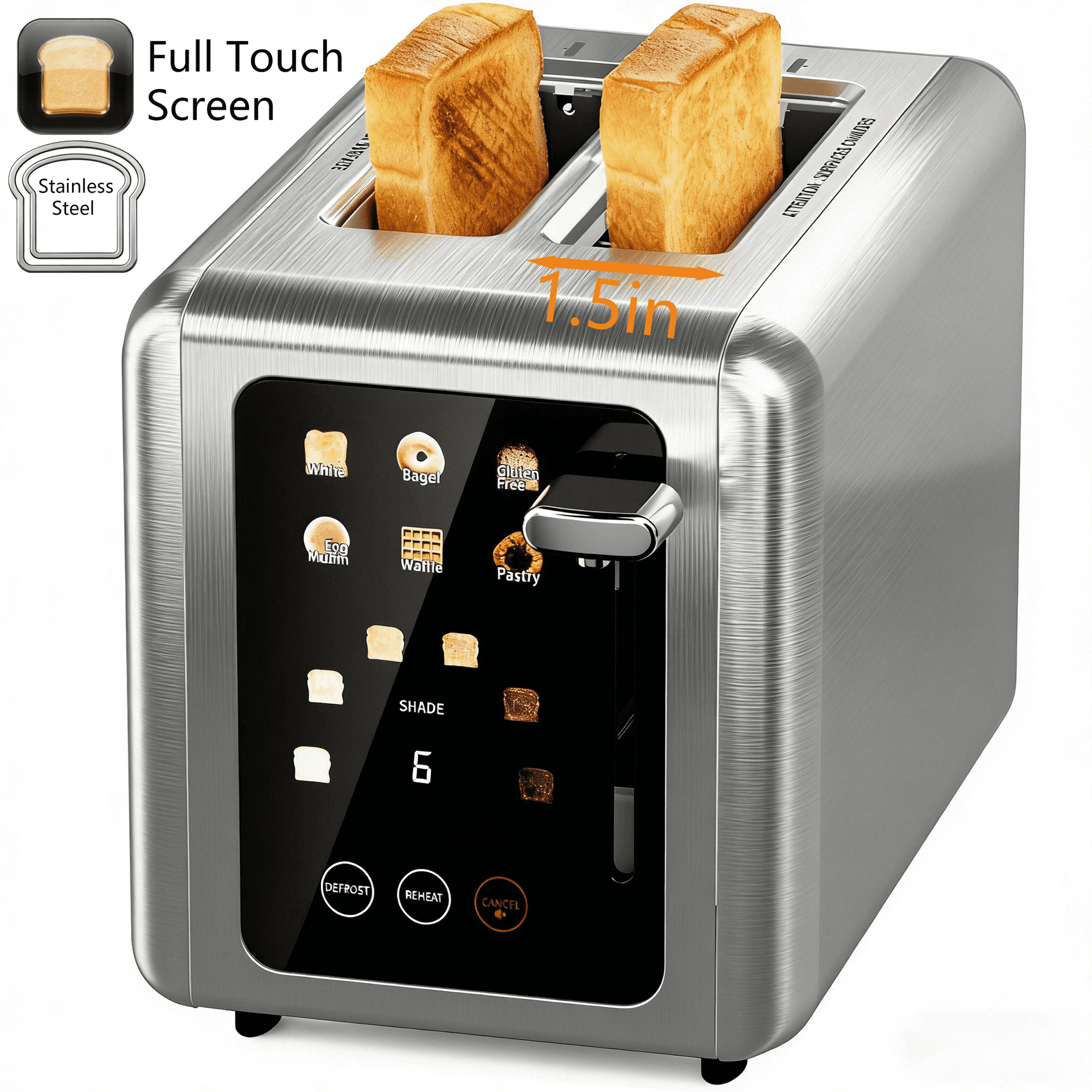 WHALLULTRA 2 Slice Touch Screen Toaster with 1.5" Wide Slots, Stainless Steel, 6 Settings, Memory Function, Countdown Timer, 850W