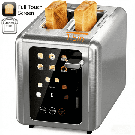WHALLULTRA 2 Slice Touch Screen Toaster with 1.5" Wide Slots, Stainless Steel, 6 Settings, Memory Function, Countdown Timer, 850W