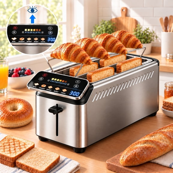 WHALLULTRA 4 Slice Long Slot Toaster, Touch Screen & Projection Display, 6 Shade Settings, Bagel/Defrost/Reheat, Stainless Steel, Silver