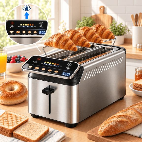 WHALLULTRA 4 Slice Long Slot Toaster, Touch Screen & Projection Display, 6 Shade Settings, Bagel/Defrost/Reheat, Stainless Steel, Silver
