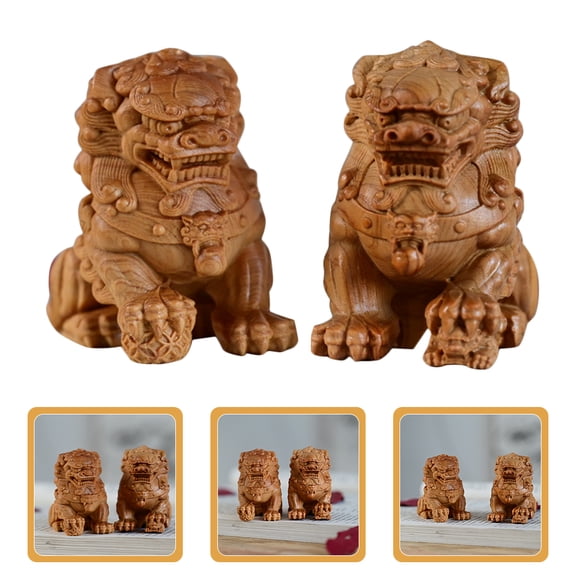 WHAMVOX 1 Pair Wooden Lion Ornaments Chinese Guardian Lion Statues for Home and Office Decor New Year Festive Decorations