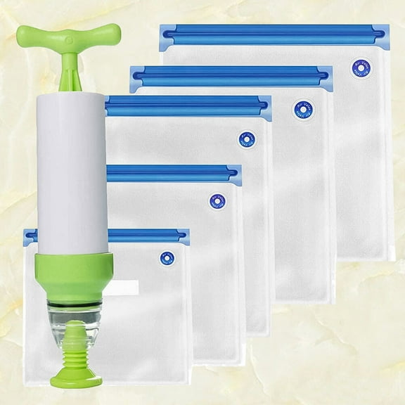 WHAMVOX 1 Set 6pcs PA + PE Transparent Vacuum Sealer Bag Food Storage Container Pouch Sealing Bag Freshness Protection Ppackage (21*22cm+26*28cm+26*34cm+30*34cm+22*28cm + Green Manual Air Pump)