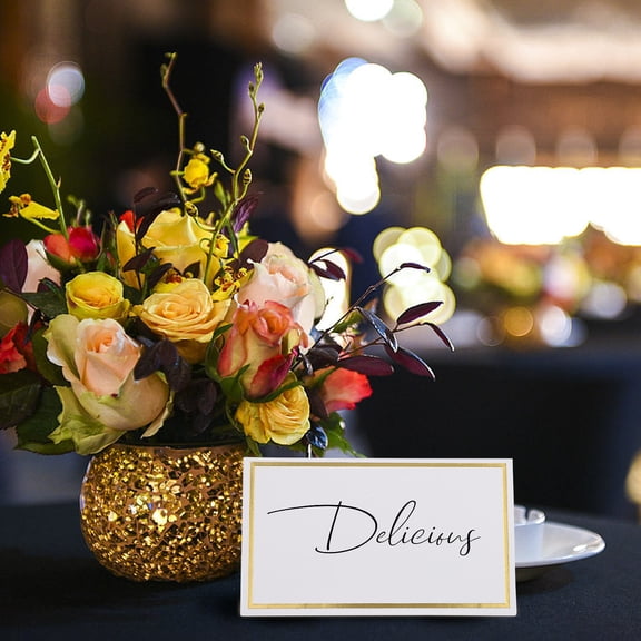 ROMANSENTIAL 100Pcs Smooth Writing White Foldable Table Place Cards with Plated Gold Foil for Reserved Seating