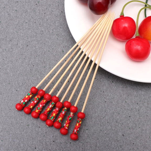 WHAMVOX 100pcs Beautiful Double Bead Shape Picks for Fruit Food Cocktail Drinks Decorative Handy Bamboo Design Party Supplies Home Red