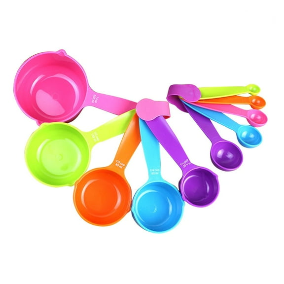 WHAMVOX 10pcs/Set Colorful Plastic Flour Measuring Spoons Nesting Measure Cups Kit Kitchen Baking Tool for Powder (Mixed Colors, Small Size+Large Size, 5 for each)