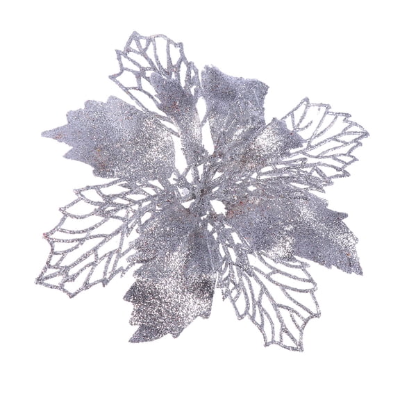 WHAMVOX 12 Pcs Glitter Poinsettia Flowers Hollow Artificial Flowers Christmas Ornaments Xmas Tree Hanging Pendant (Silver)